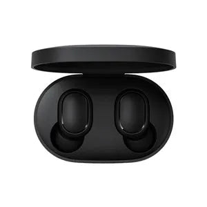 Black Redmi AirDots 2 true wireless earbuds with their compact charging case.