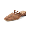 Women's square toe hollow breathable chunky heel slippers in beige artificial PU with rubber sole