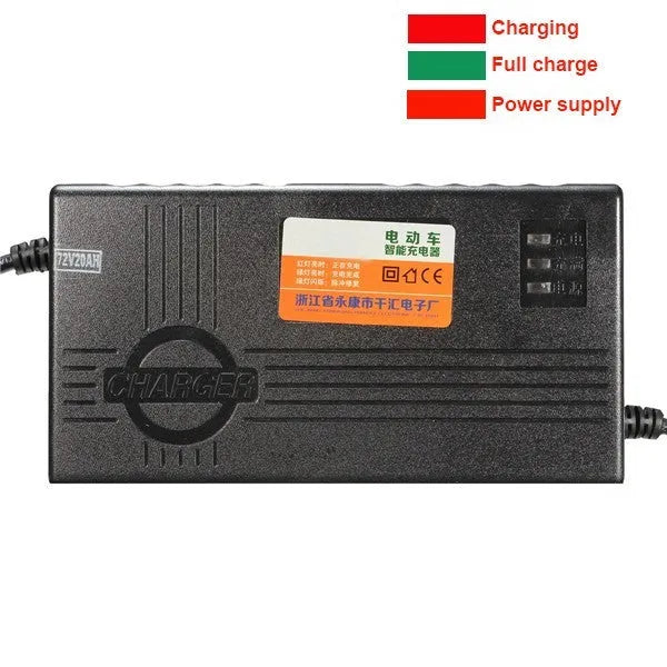 72V20AH electric car charger with compact 165mm black housing and AU/EU/US plug options
