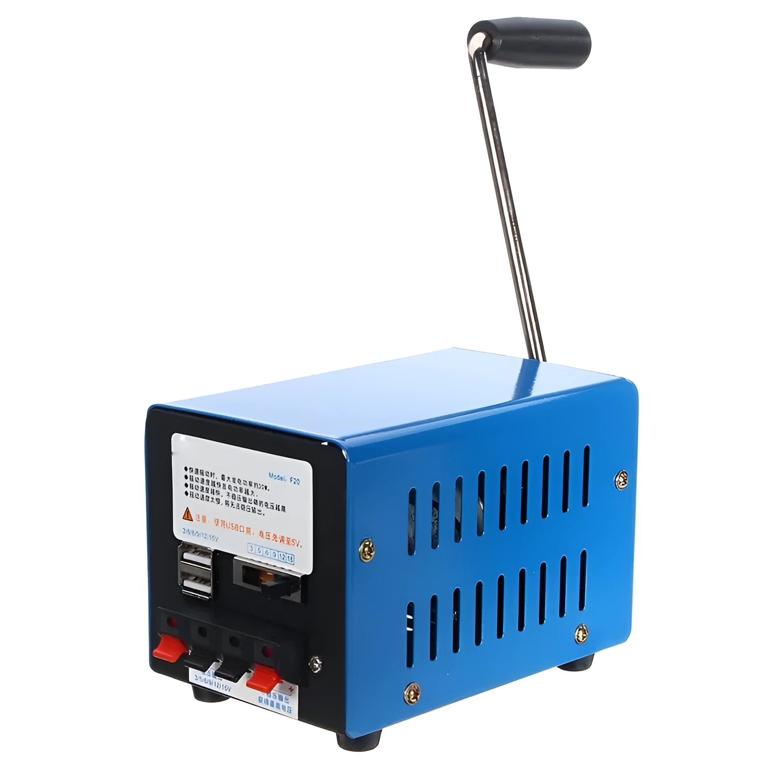 Blue metal hand crank emergency power generator with USB port, shown with user manual.