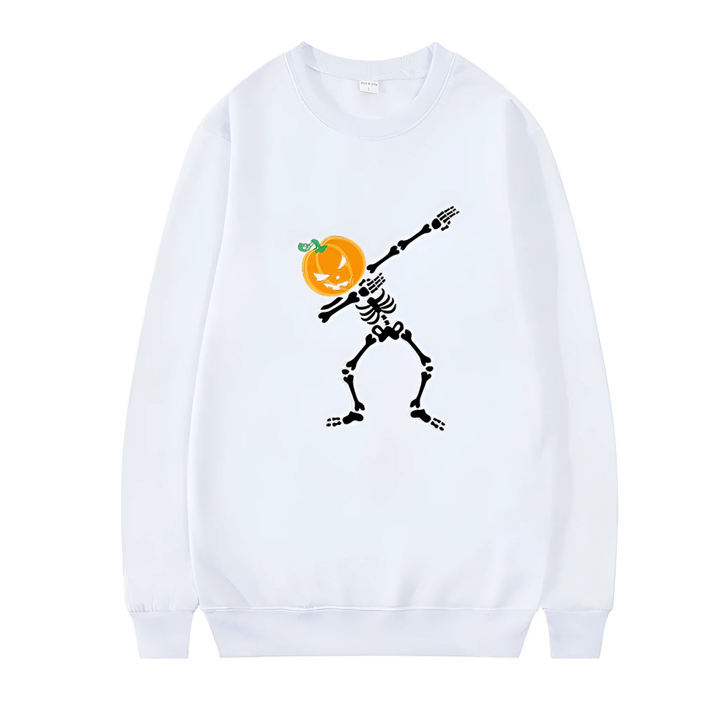Women's printed long sleeve crew neck top in multiple colours on a size chart background.