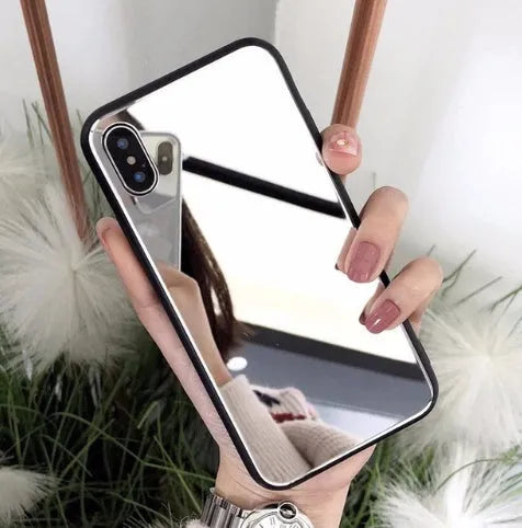 Black iPhone case with a square glass mirror on the back, compatible with iPhone X, 7 Plus, and 8 Plus.