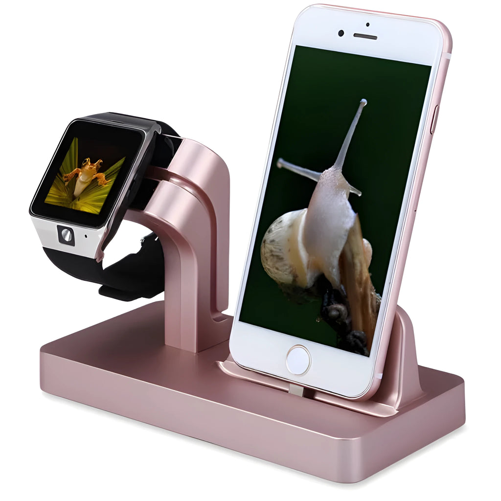 White 2 in 1 charging dock station holding an iPhone and an Apple Watch on a wooden desk.