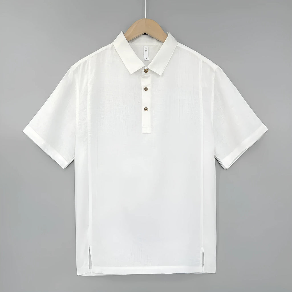Men's linen summer top with thin lapels, short sleeves, and loose fit shown in available colours.