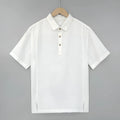 Men's linen summer top with thin lapels, short sleeves, and loose fit shown in available colours.