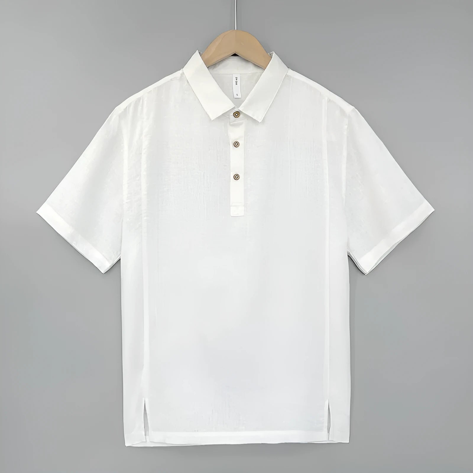 Men's linen summer top with thin lapels, short sleeves, and loose fit shown in available colours.