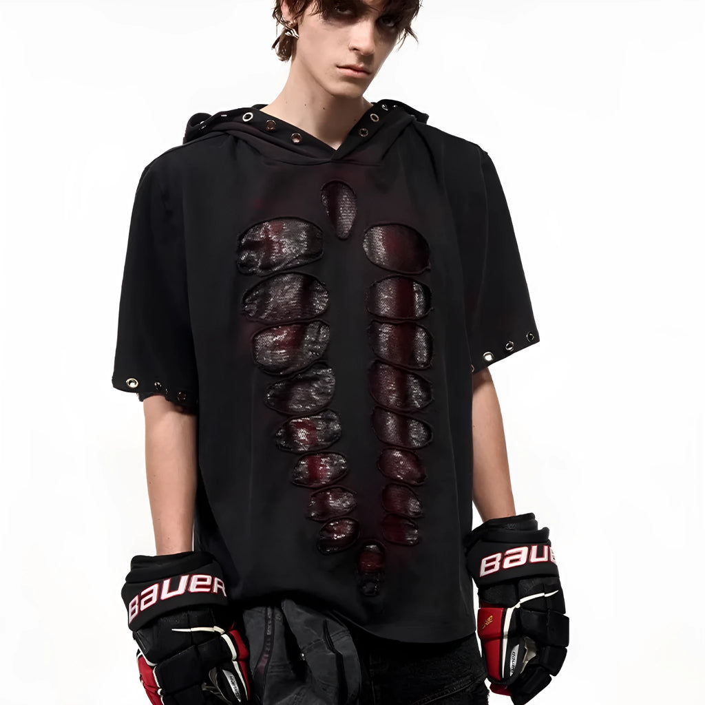 Black men's hooded T-shirt with sequin detailing and short sleeves