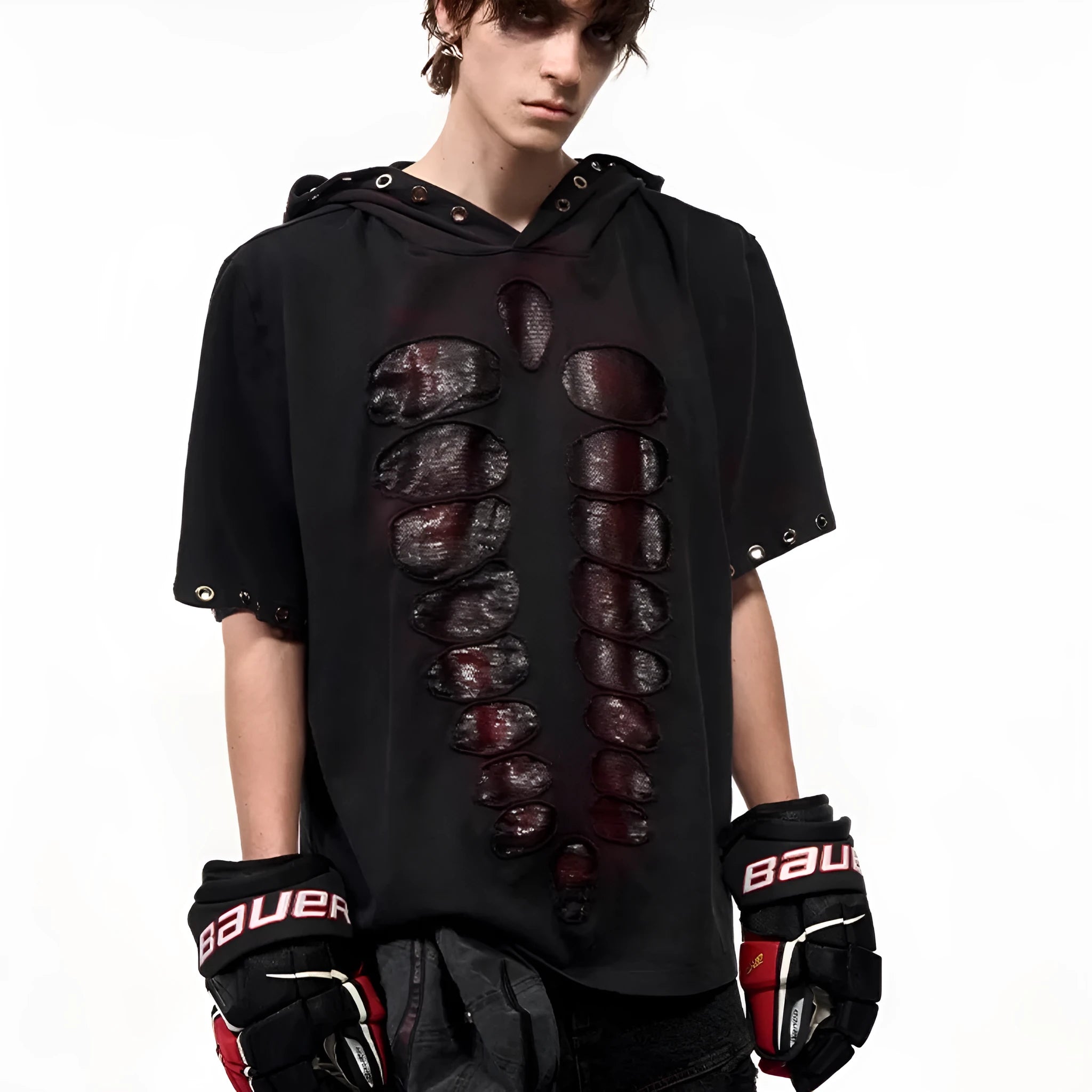 Black men's hooded T-shirt with sequin detailing and short sleeves