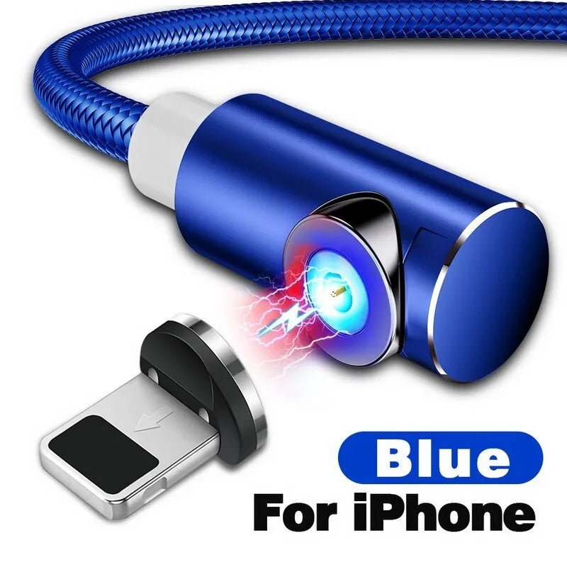 Black magnetic charging cable with L-shaped connector next to smartphone showing magnetic docking.