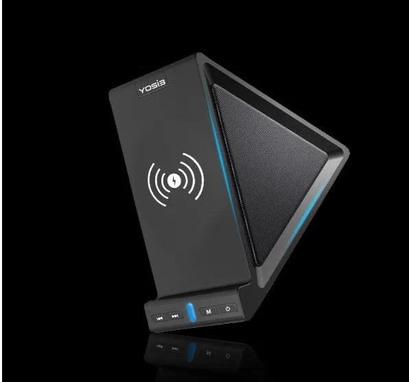 Black multifunctional Bluetooth speaker with integrated mobile phone stand and wireless charging capability
