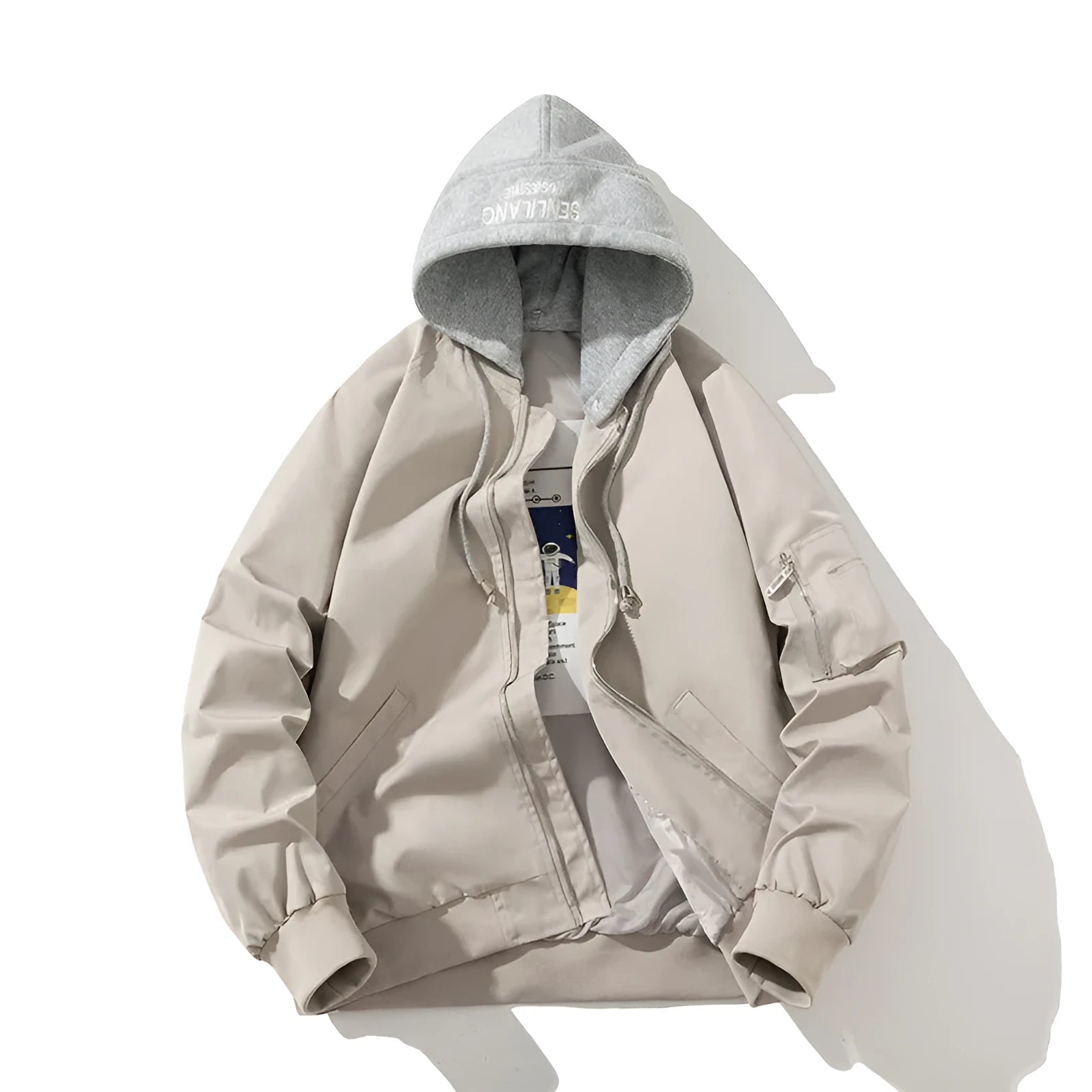 Loose-fitting solid colour pilot jacket with polyester lining for plus size, available in black beige green with hat or cotton lining options