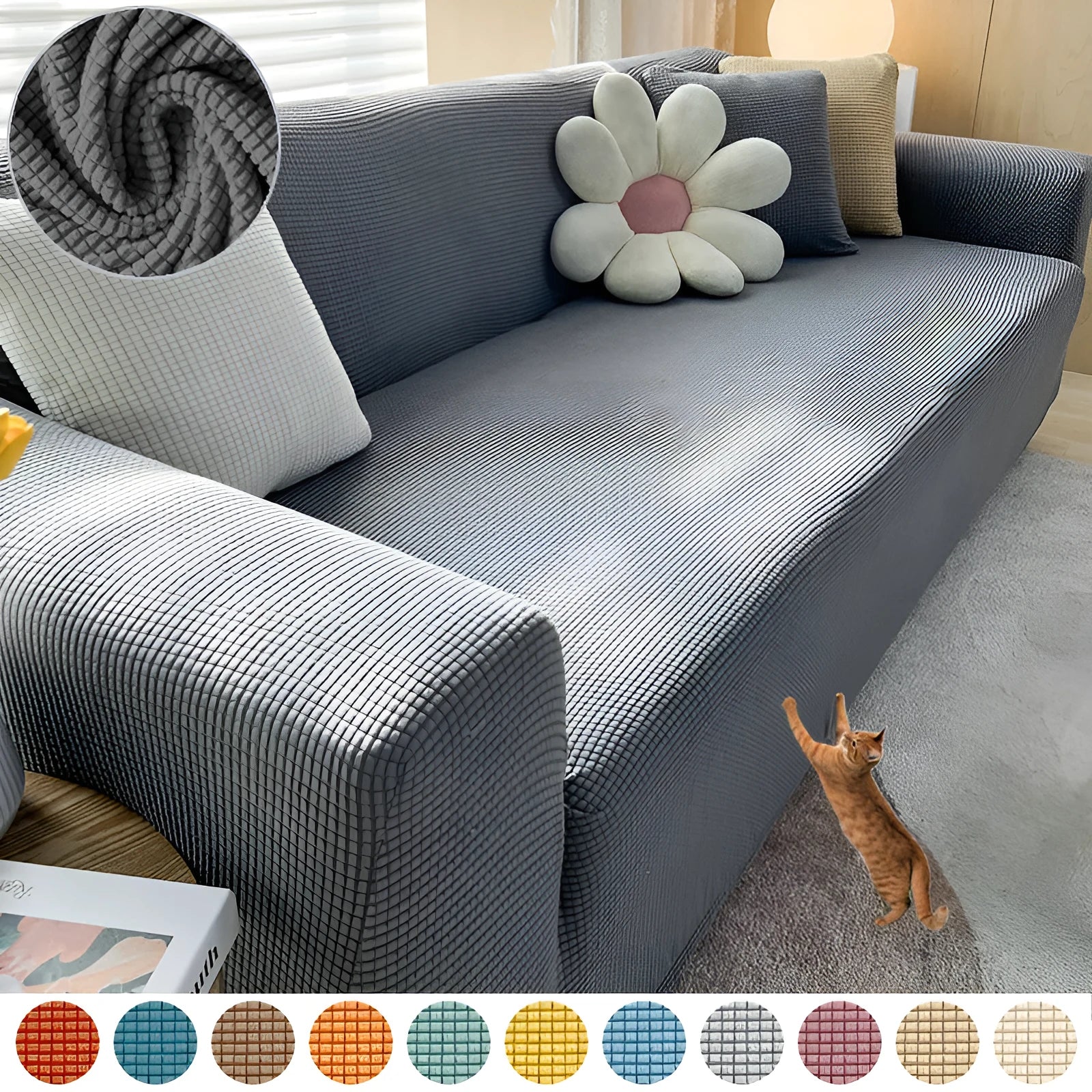 Waterproof polar fleece solid colour sofa slipcover with elastic bottom fitted on a 3-seat sofa in beige colour