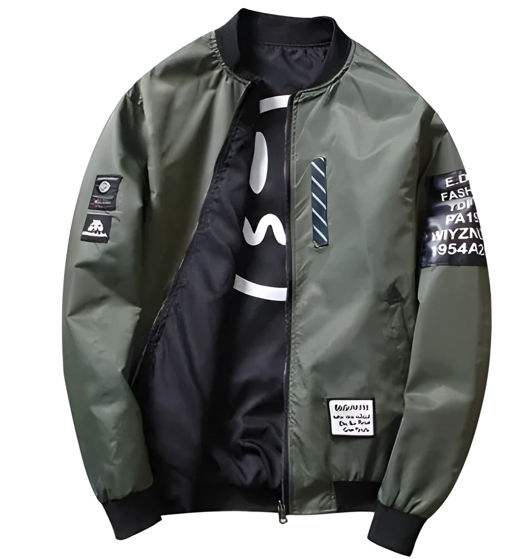 Men's reversible flight jacket in striped pattern with zipper closure shown in multiple colour options