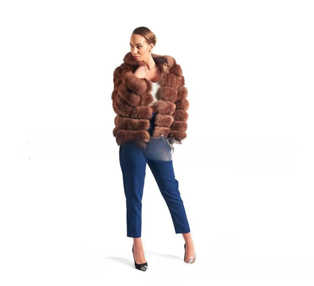 Women's artificial fur hooded coat in street fashion style showing medium 65cm length