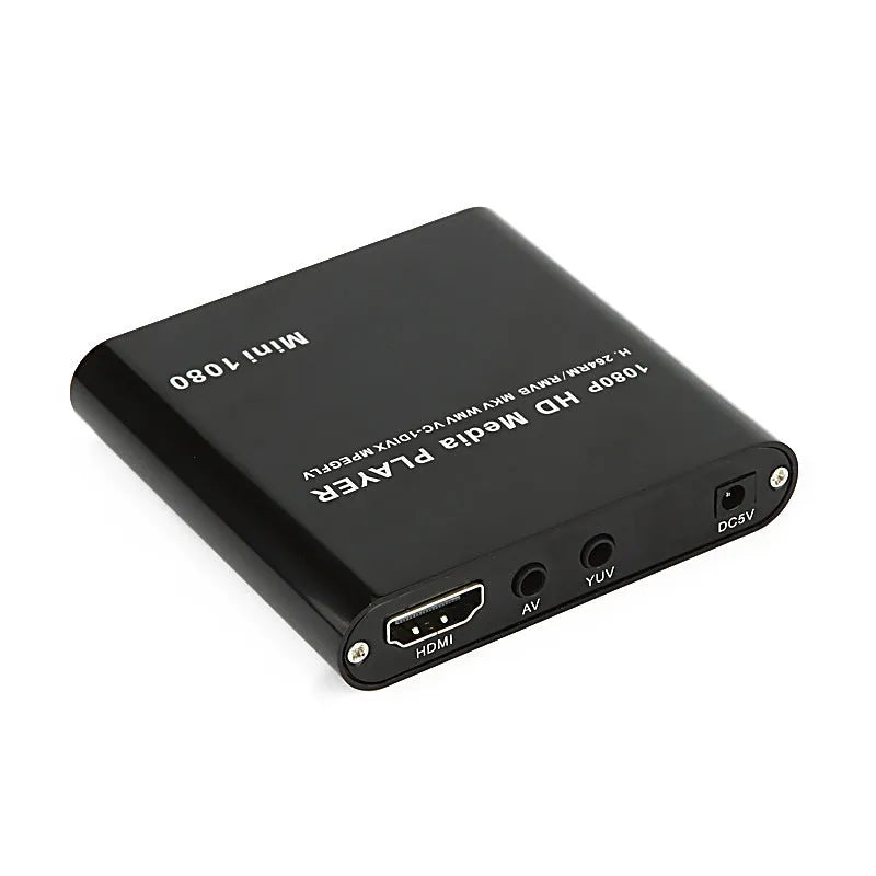 Blue and black 1080P Full HD media player with HDMI port, compact all-metal design.