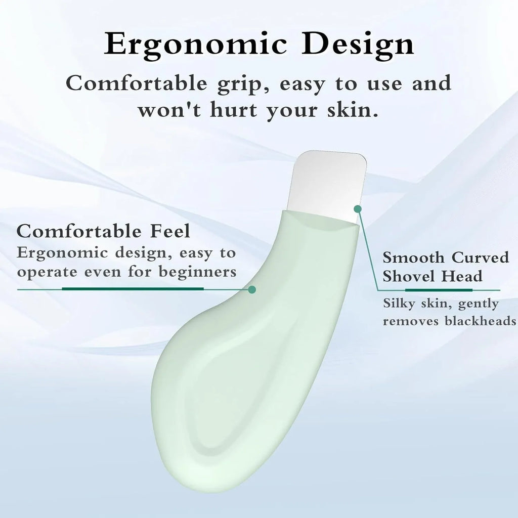 Stainless steel blackhead scraper tool with non-slip handle for facial pore cleansing.