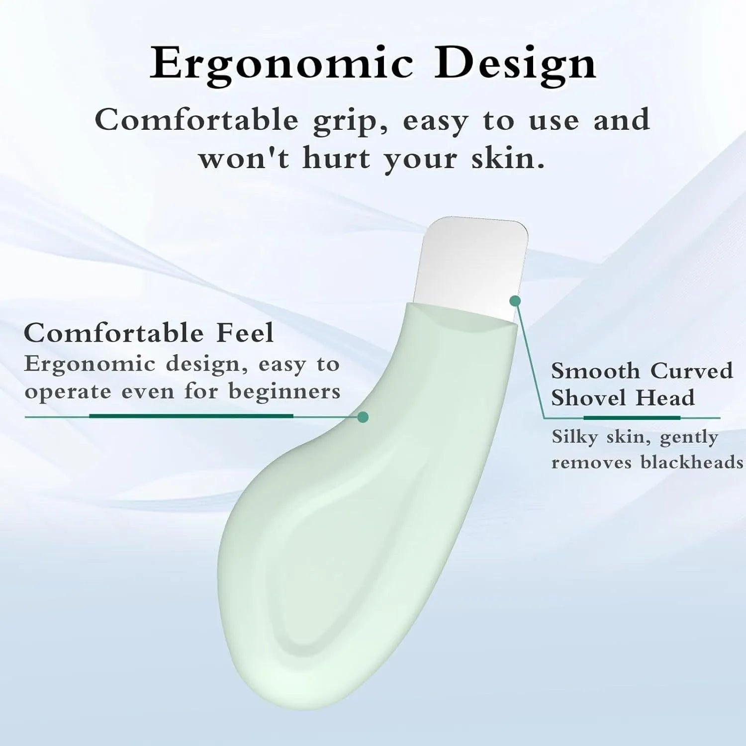 Stainless steel blackhead scraper tool with non-slip handle for facial pore cleansing.