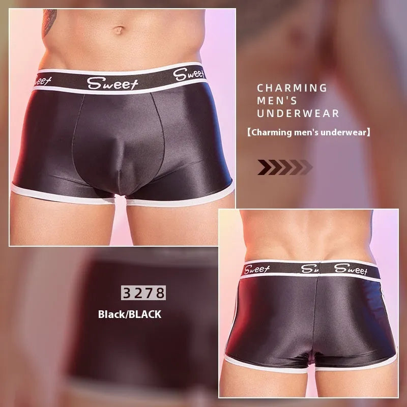 Men's silky nylon boxer shorts in black, white, and sapphire blue colours.