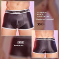 Men's silky nylon boxer shorts in black, white, and sapphire blue colours.