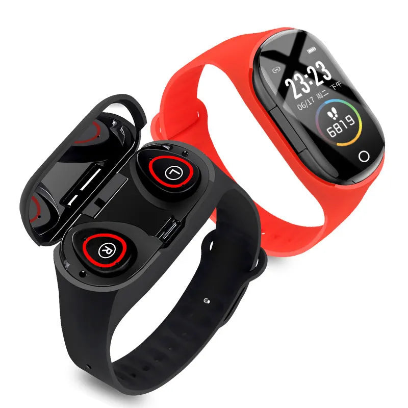 Smart bracelet with integrated wireless earphones in silicone wristband showing 1-inch screen