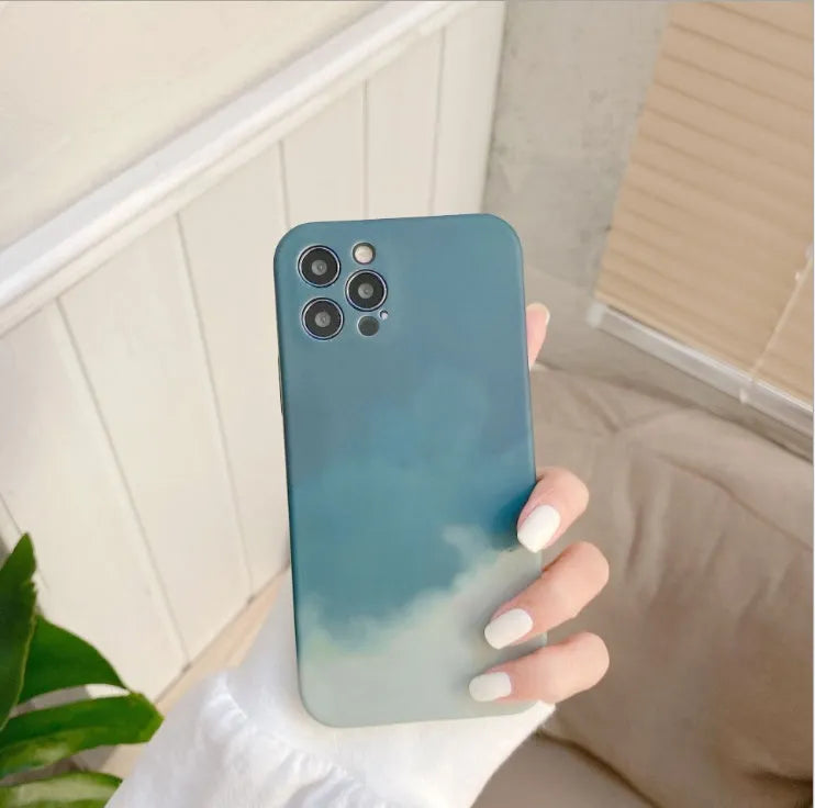 Soft silicone iPhone case with abstract gradient geometric oil painting design in blue green pink purple colours