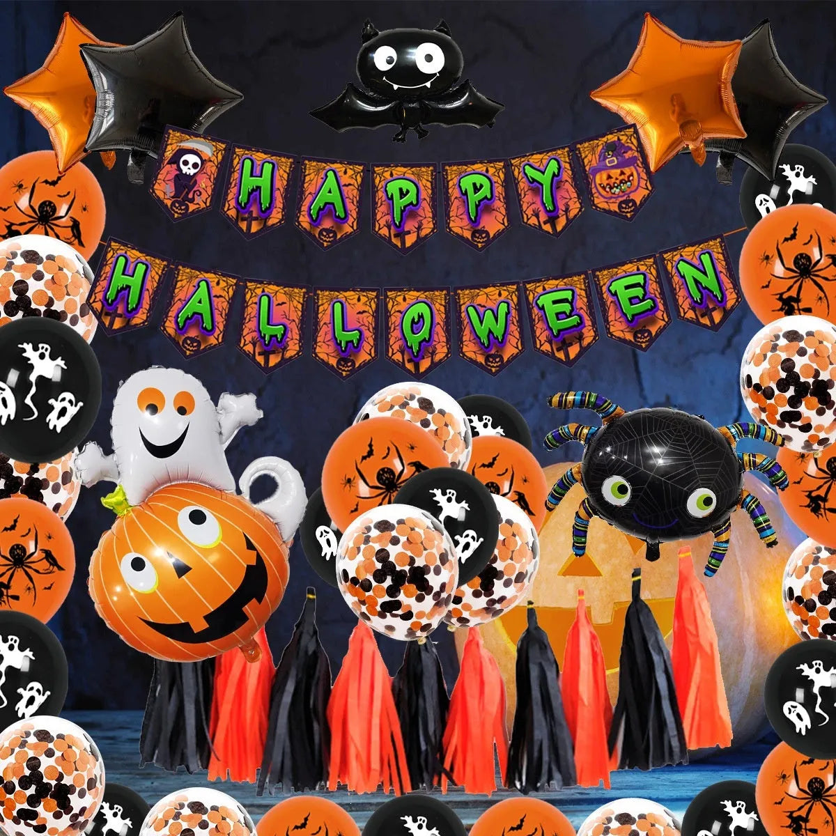 Halloween balloon combo showing white and black skull pumpkin and spider arch latex decorations