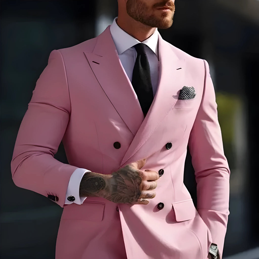 Korean slim fit men's two-piece suit in grey on a model, showing business casual style