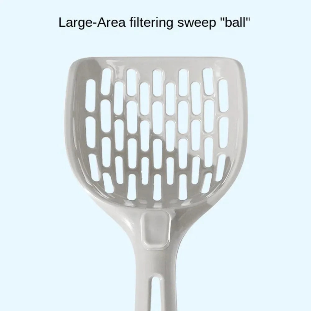 Grey plastic cat litter scoop sitting in its matching plastic storage base.