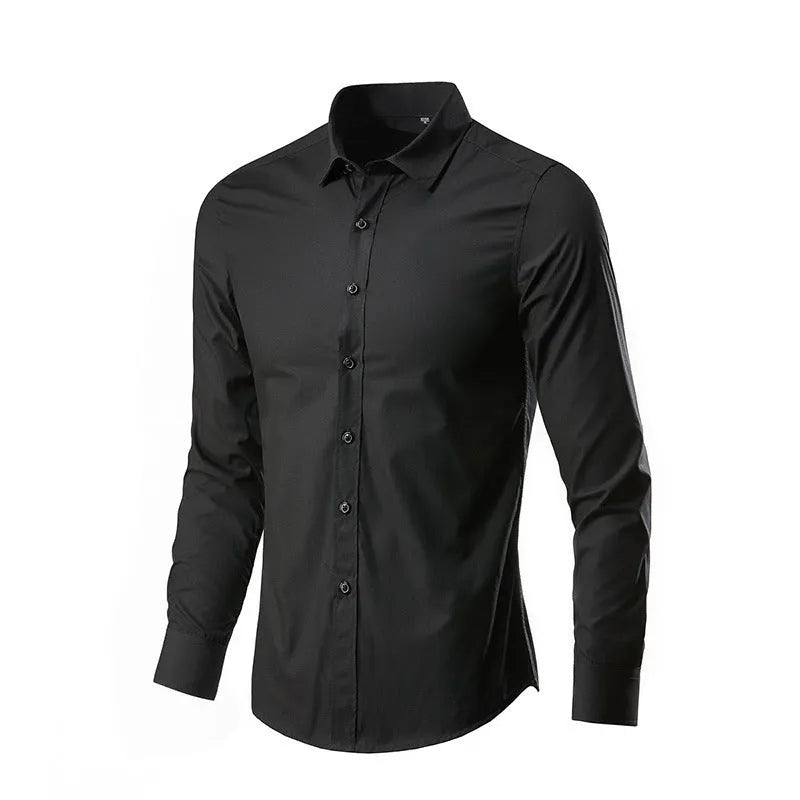 Men's loose-fit long-sleeve linen shirt in a slim style, shown in a neutral colour.