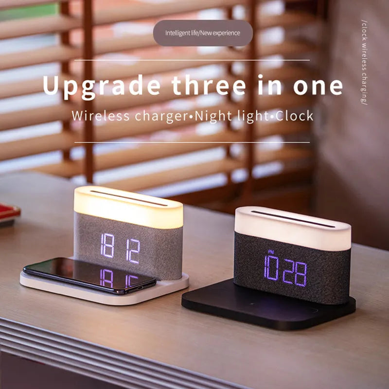 Modern glass wireless charging desktop clock with night light function in black minimalist design