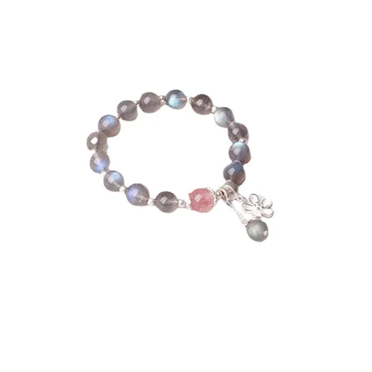 Moonlight lime strawberry crystal bracelet for women, 925 silver setting with 7.5mm grey moonlight stone beads