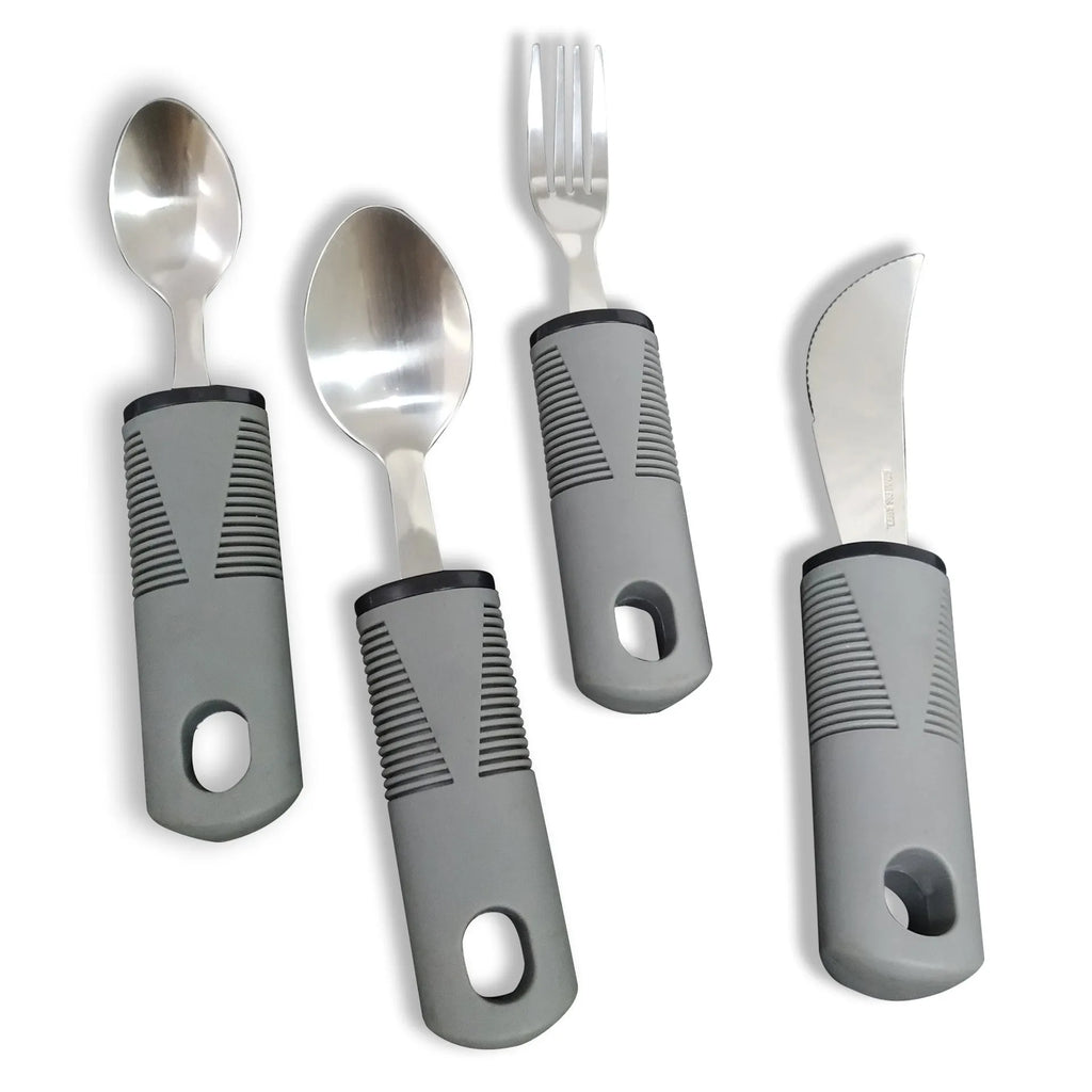 Stainless steel anti-shake tableware set with adaptive rubber grip handles in black and grey options