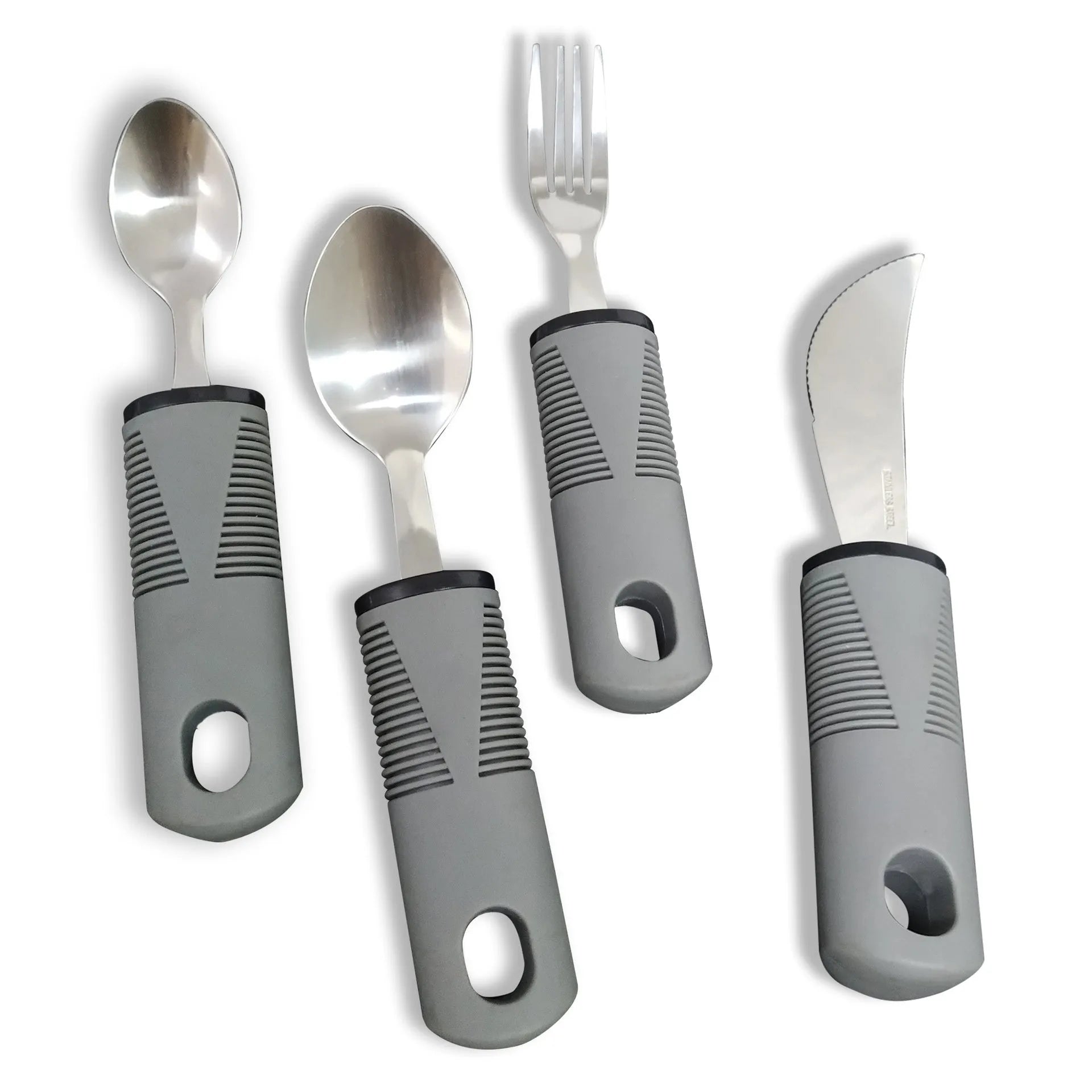Stainless steel anti-shake tableware set with adaptive rubber grip handles in black and grey options