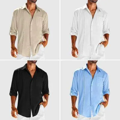 Men's casual long sleeve button-up shirt with polo collar and lace pocket detail in cotton blend fabric