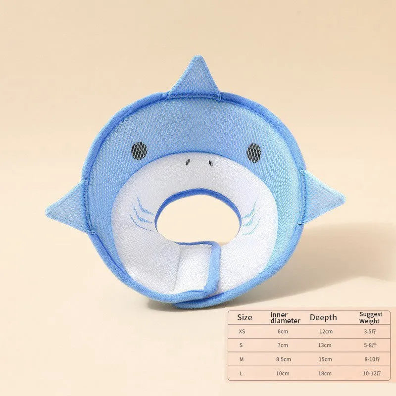 Soft cat recovery collar in shark shape made from nonwoven fabric, available in multiple sizes