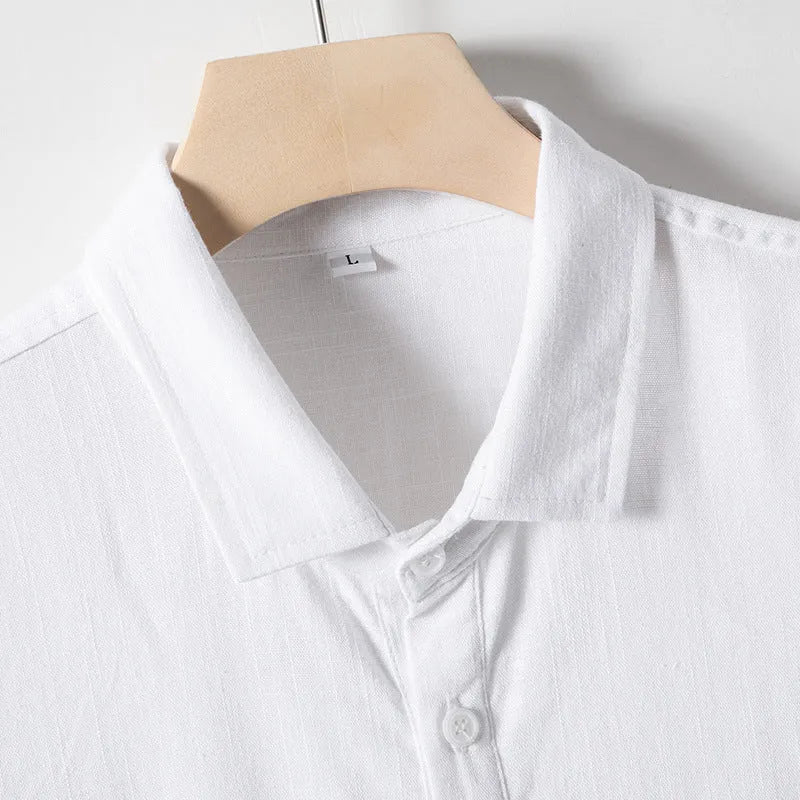 Men's loose fit short sleeve t-shirt in a linen blend fabric, shown in black, white, and optic linen colours.