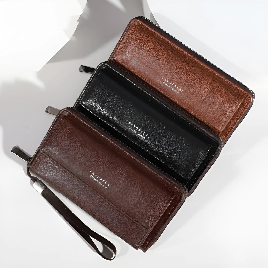 Men's PU leather wallet with multiple card slots in black, brown, and coffee colours