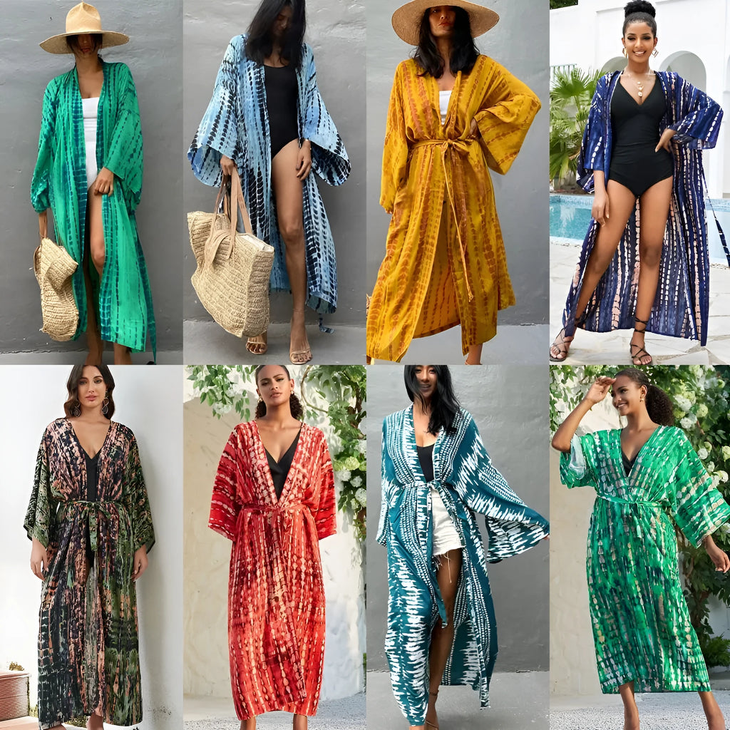 Loose cotton beach cover-up shirt with printed sun protection design in multiple colour options