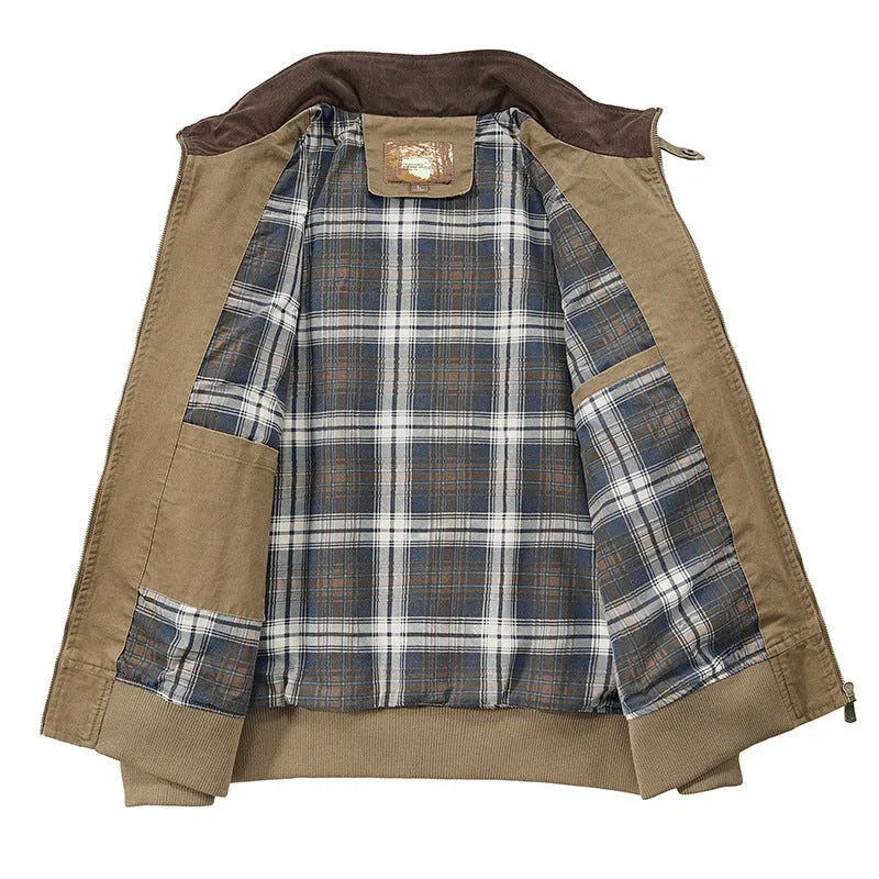 Men's plus size washed cotton flight jacket shown in camel colour.