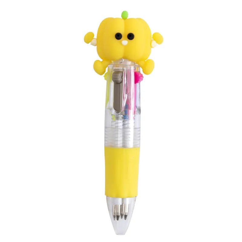 Cute cartoon-themed four-colour press-action ballpoint pen with plastic and silicone body.