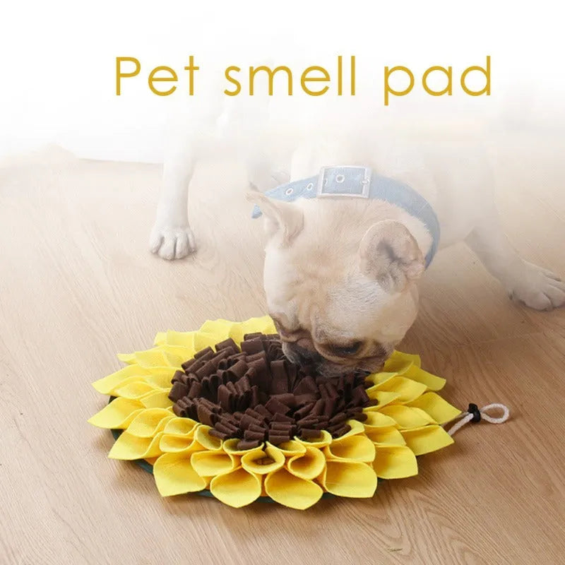 Yellow sunflower-shaped snuffle mat with layered fleece and felt strips for hiding dog treats