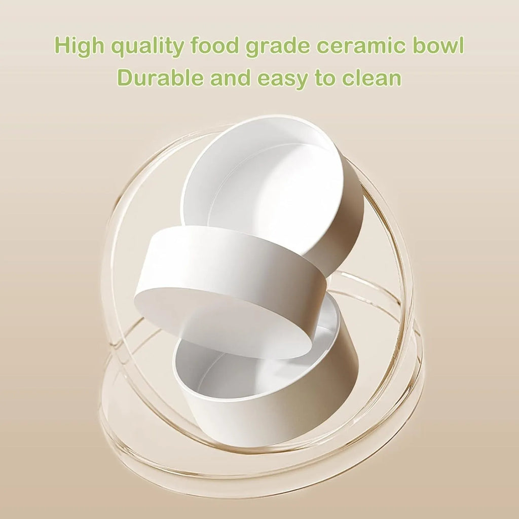 Green ceramic elevated cat bowl set with two bowls on a tilted stand for food and water.