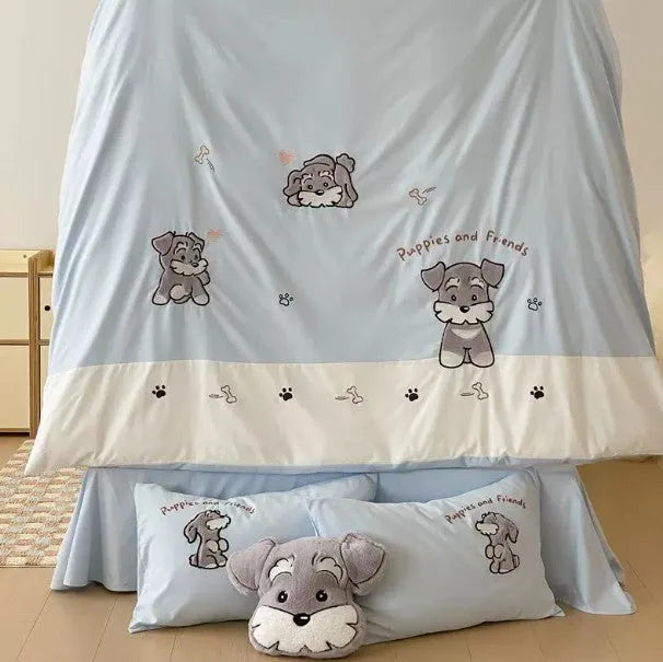 Cartoon Schnauzer pattern bed linen set with embroidered details on a cotton quilt cover and pillowcase.