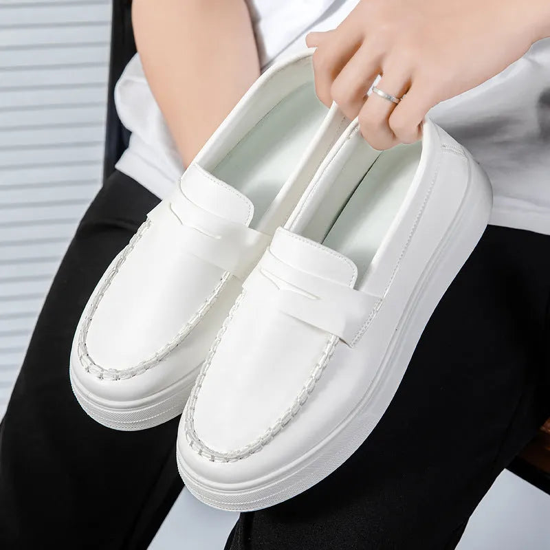 PU leather casual slip-on shoes with round toe in black and white, khaki or white colours