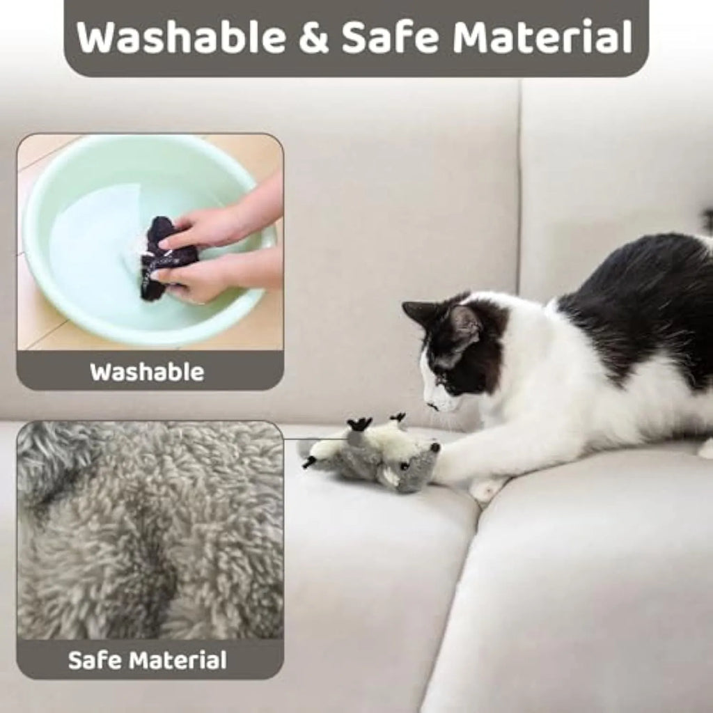 Gray flapping squirrel cat toy with wings open, USB rechargeable, containing catnip