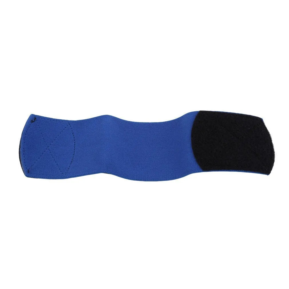 Elastic rubber strap for securing football shin guards, shown in blue colour.