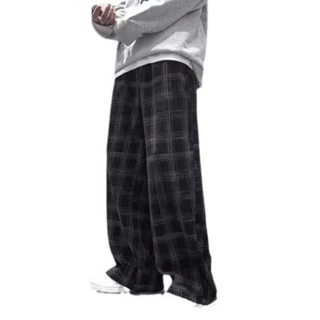 Japanese retro loose plaid trousers in black and green, mid waist, straight leg, sizes S to 3XL