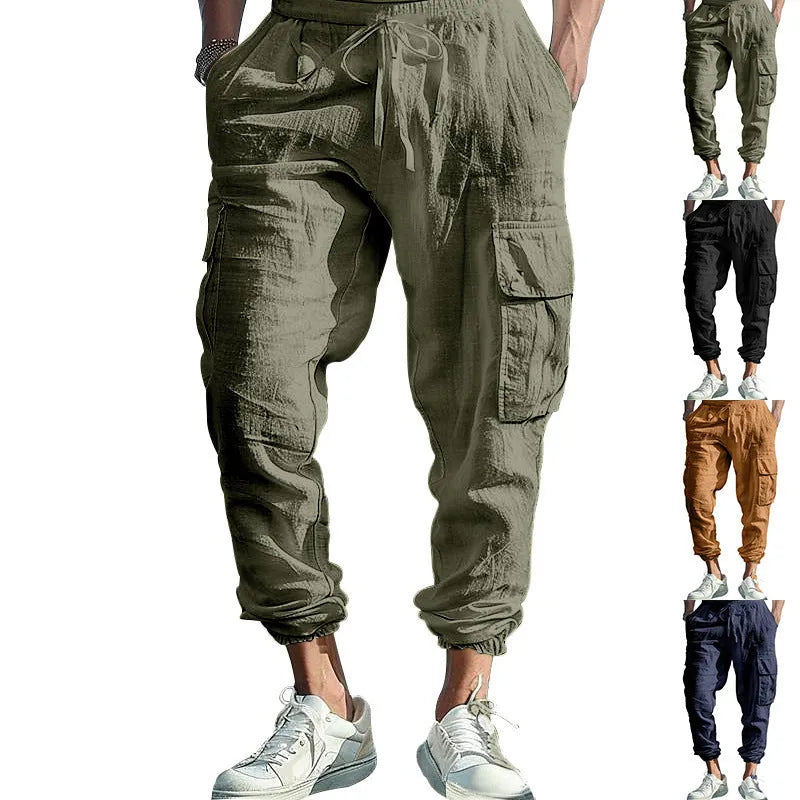 Men's loose linen trousers in Army Green with ankle ties and a multi-pocket tether detail.