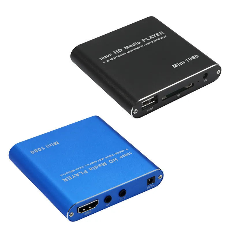 Blue and black 1080P Full HD media player with HDMI port, compact all-metal design.