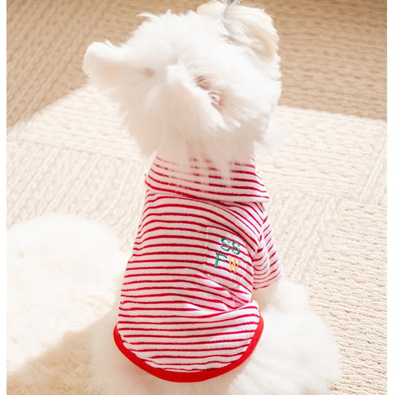 Red striped two-legged fleece pet clothing for small to medium dogs and cats